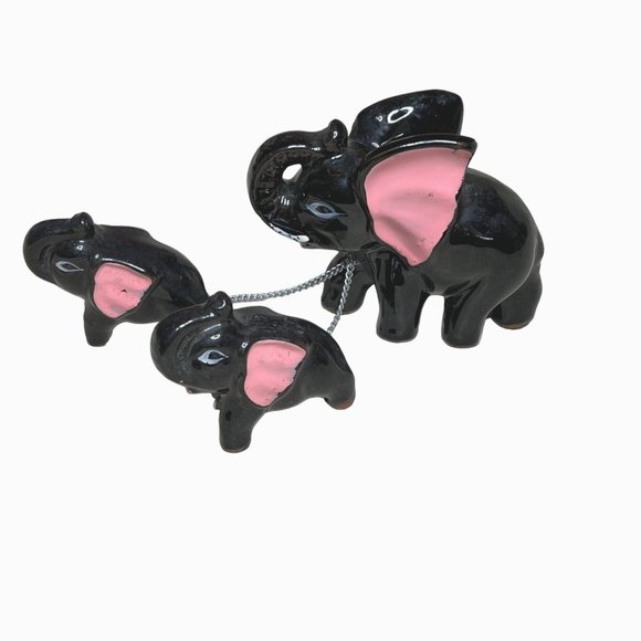 Vintage Redware Pottery Elephant Figurines Family Black with Pink Ears - Picture 3 of 8